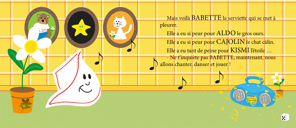 Page du livre avec Babette la serviette - un doudou qui chante et qui danse